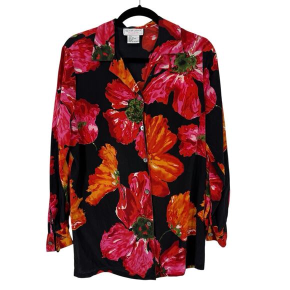 Victor Costa Silk Button Up Shirt Women size Medium Big Flower Print Long Slv - Picture 1 of 9